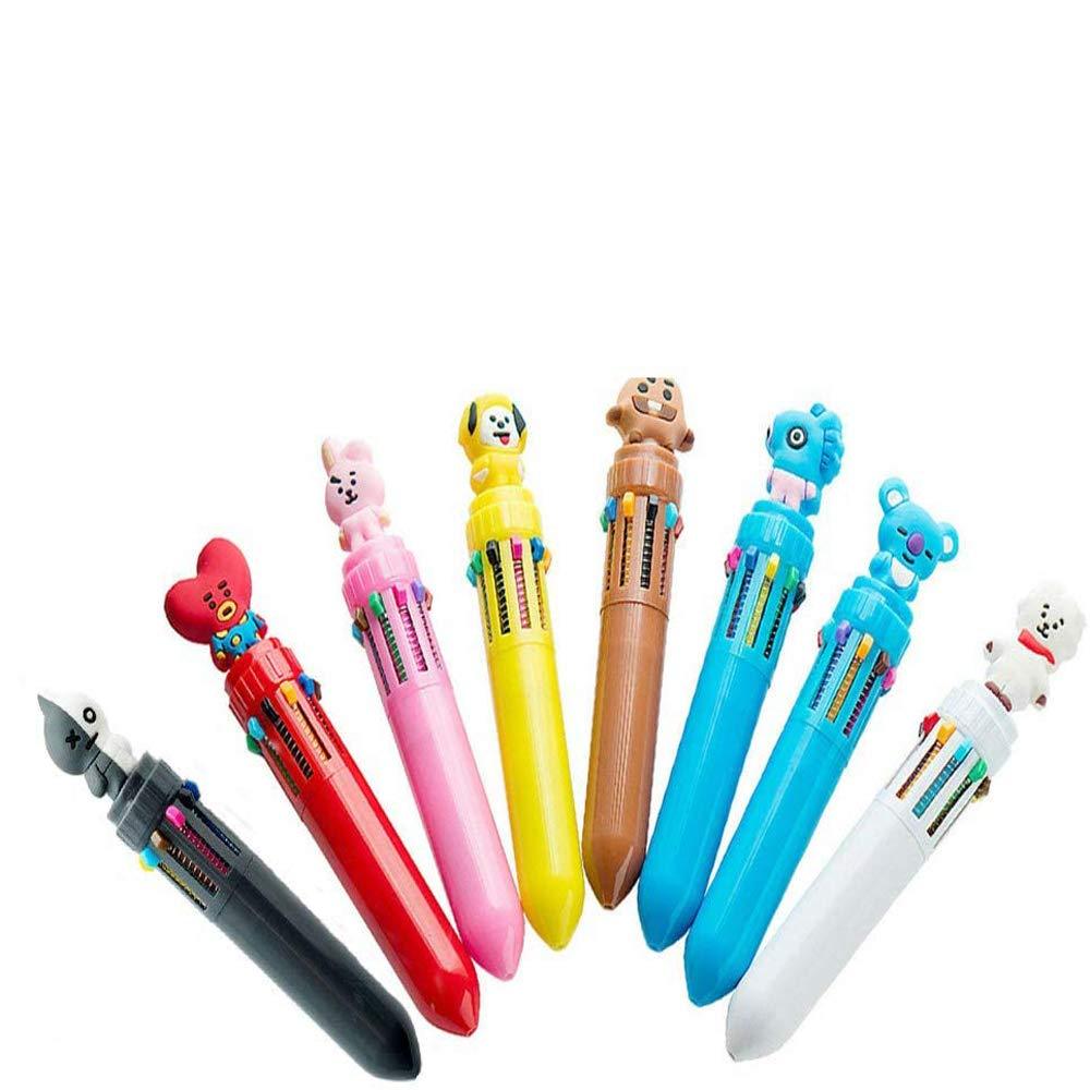 Comidox 8Pcs BTS Bangtan Boys 10 in 1 Color Retractable Ballpoint Pen Creative Cartoon Shape Multicolor Pens Medium Point (0.7mm) For School Office Student Supply