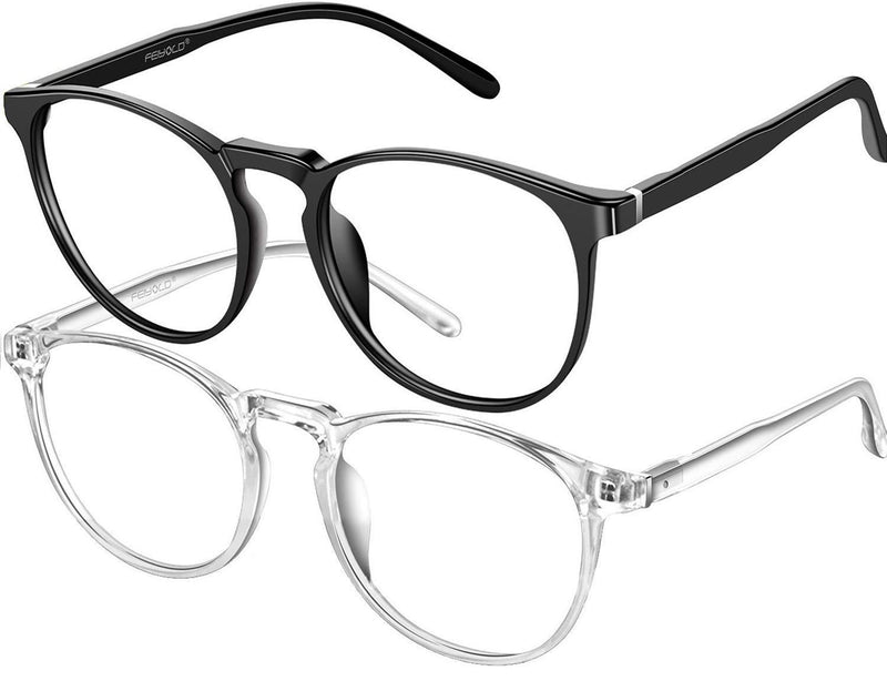 FEIYOLD Blue Light Blocking Glasses Women/Men,Retro Round Anti Eyestrain Computer Gaming Glasses(2Pack) Black+crystal