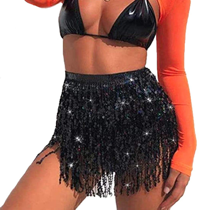 Zoestar Boho Sequin Tassel Hip Scarf Multilayer Belly Dance Belt Dance Performance Skirt for Women and Girls Black
