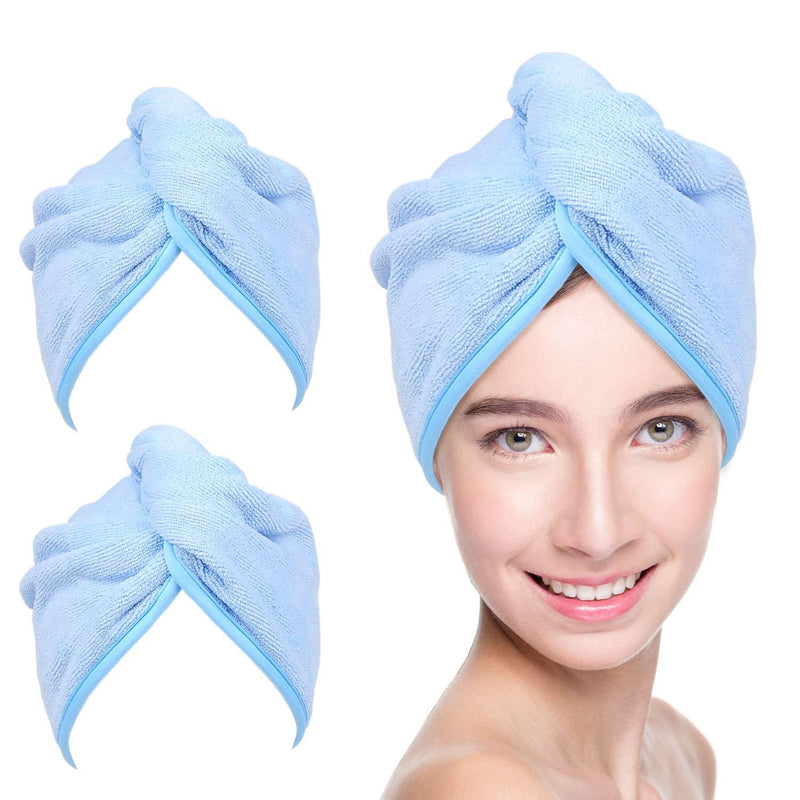 YoulerTex Microfiber Hair Towel Wrap for Women, 2 Pack 10 inch X 26 inch, Super Absorbent Quick Dry Hair Turban for Drying Curly, Long & Thick Hair (Blue) … Blue