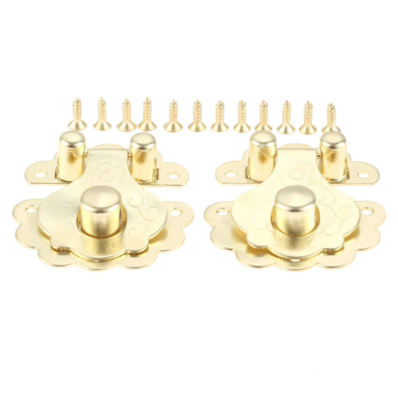 2 Pcs Box Latch Clasps with 12 Screws Flower Shape Cabinet Hasp for Jewelry Wooden Box Case Decorative Hasp Latch Buckle, Gold