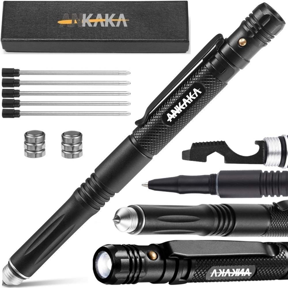 The Most Loaded 6-in-1 Tactical Pen: Solves Other Brands' Weaknesses,Self Defense Tip + Flashlight + Ballpoint + Bottle Opener + Screw Driver + Hexagonal Wrench, 5 Ink Refills + 6 Batteries + Gift Box