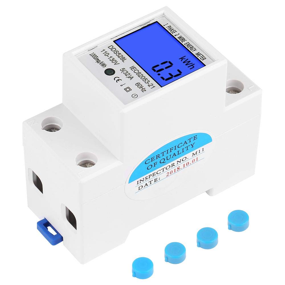 Digital Energy Meter, 5-32A 110-130V 60Hz LCD Backlight Single Phase Energy KWh Meter 35mm DIN Rail Mounting with Buckle & Seal Cap