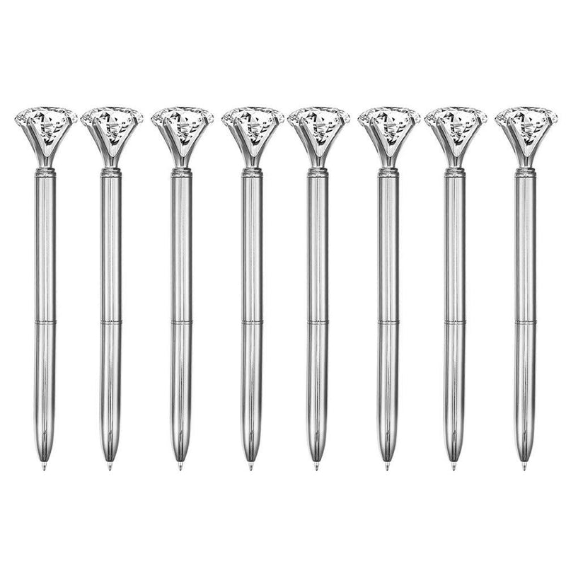 Sun Kea 8 Pcs Metal Ballpoint Pen with Big Diamond/Crystal Office Supplies Gift Black Ink, Magnify Function,Silver silver