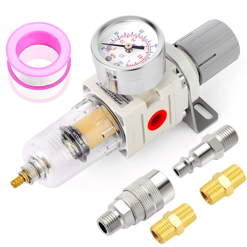 TAILONZ PNEUMATIC 1/4 Inch NPT Air Filter Pressure Regulator Combo Piggyback, Air Tool Compressor Filter with Gauge AW2000-02 1/4"NPT Manual Drainage
