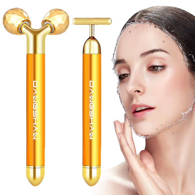 2-IN-1 Beauty Bar 24k Golden Pulse Facial Face Massager, Electric 3D Roller and T Shape Massager Skin Care Tools Gift Set for Face Lift Anti Wrinkles Skin Tightening Face Firming