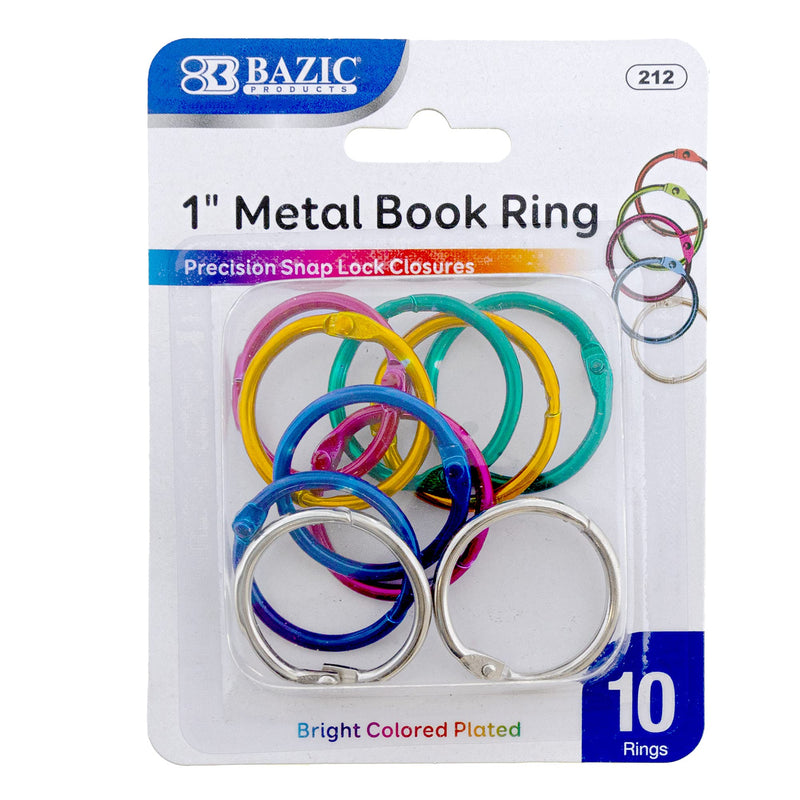 BAZIC Loose Leaf Binder Ring 1" Assorted Color, Book Rings Binder Rings, Steel Metal Ring for Flash Cards, Index Card, Keychain (10/Pack), 1-Pack 1" Bright Colored Plated (10-count)