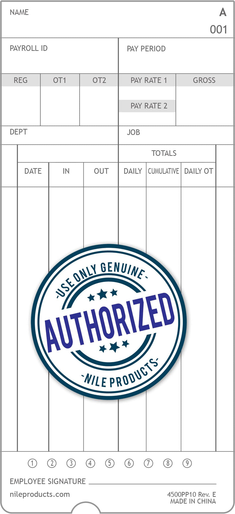 Nile Products, 4500PP10, genuine and authentic time cards for the Nile Products model number 4500PP calculating time clock, 100 per pack, time cards