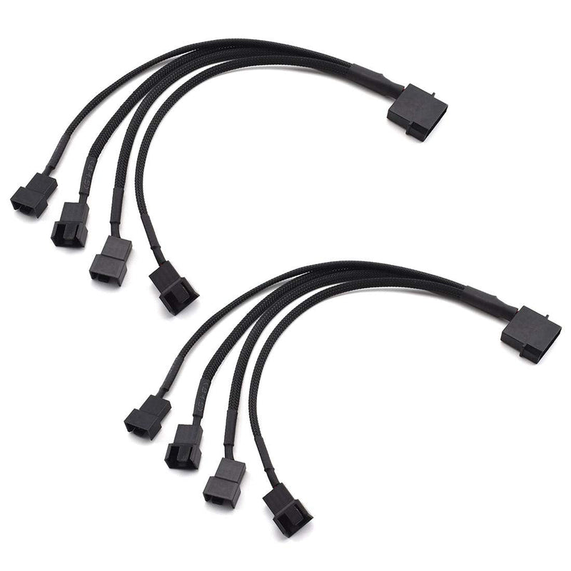 SDTC Tech Molex to Fan Power Splitter Cable, 2 Pack 4-Pin IDE to 4X 4-Pin Fan Connector Black Sleeved Y Type Extension Power Cable Compatible with 3-Pin/4-Pin PC Case Fans - 27 cm / 10.5 inch 1 to 4
