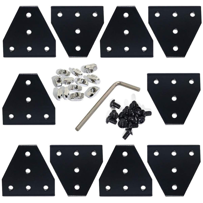 KOOTANS 10pcs 2020 Series Black 5 Hole T Shape Joint Plates with 50pcs M5 T Nuts + 50pcs M5x8mm Hex Socket Cap Screws + 1pcs Wrench, for Standard 6mm Slot Aluminum Profile 3D Printer Frame