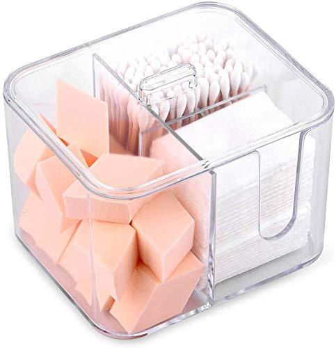 SUNFICON Cotton Pads Holder Organizer Cotton Swab Balls Box Holder Dispenser Storage Canister Cosmetic Pads Container Flossers Case 4-Grid Bathroom Countertop Vanity,Acrylic Crystal Clear 1 lid
