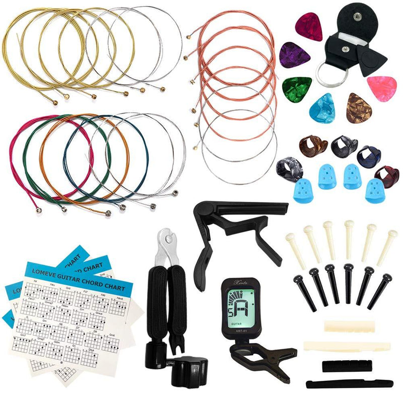 LOMEVE Guitar Accessories Kit Include Acoustic Guitar Strings, Tuner, Capo, 3-in-1 Restring Tool, Picks, Pick Holder, Bridge Pins, Nuts & Saddles, Finger Protector, Finger Picks, Chord Chart (58PCS) 58pcs
