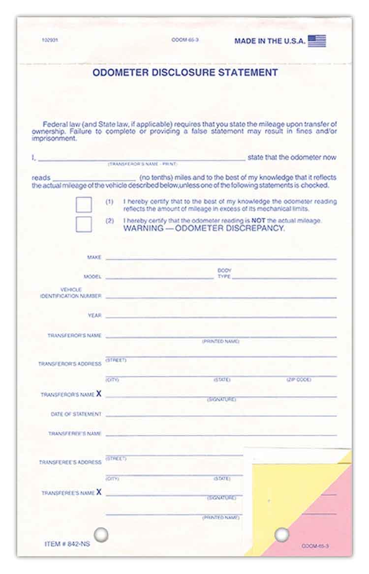 3-Part Odometer Disclosure Statement with No Screen (100 Forms per Pack)