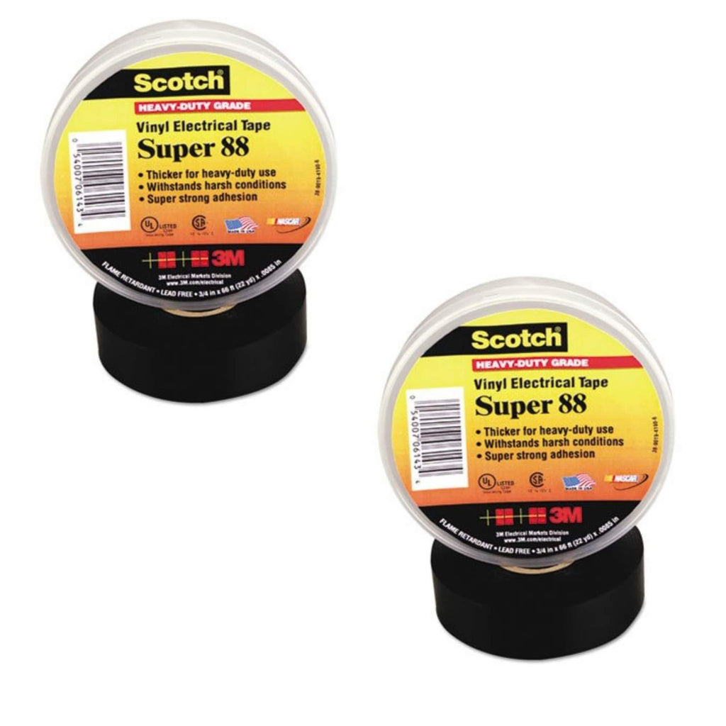 3M Scotch Super 88 Vinyl Electrical Tape, -18 to 105 Degree C, 10000 mV Dielectric Strength, 66' Length x 3/4" Width, Black, 2 Pack