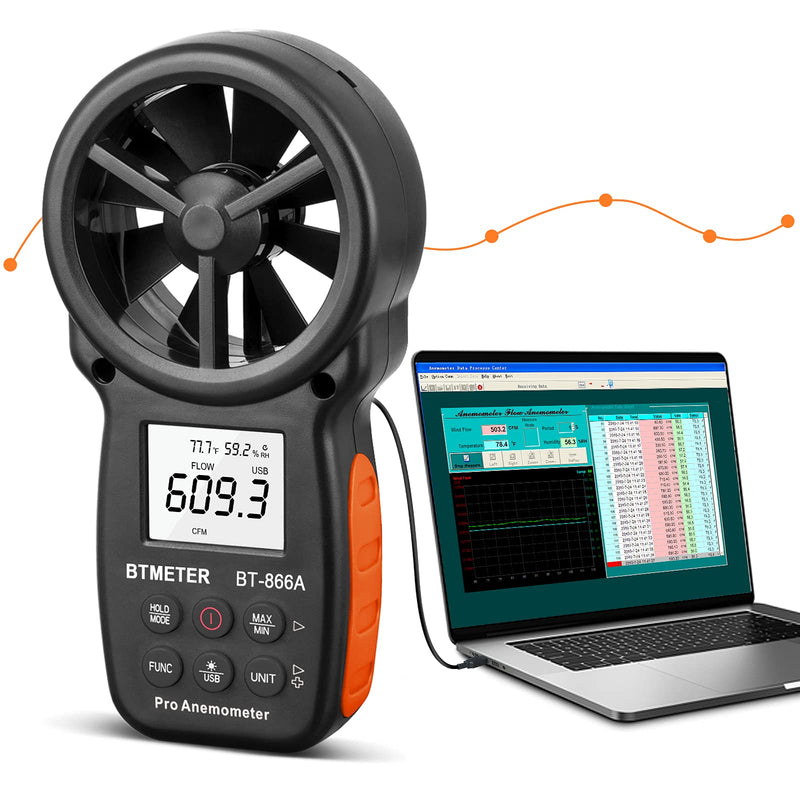 BTMETER BT-866A Pro Handheld HVAC Anemometer for CFM Air Flow, Wind Speed Meter Gauge Measures Wind Velocity Temp %RH Dew Point with USB Sync to PC BT-866A Anemometer