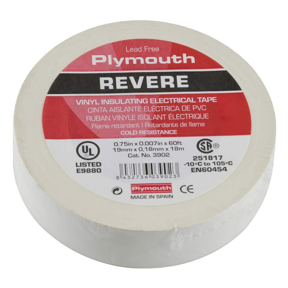 NTE Electronics 14-3902 Plymouth Revere General Purpose Electrical Tape, White .75" x 60' 7mil 600V