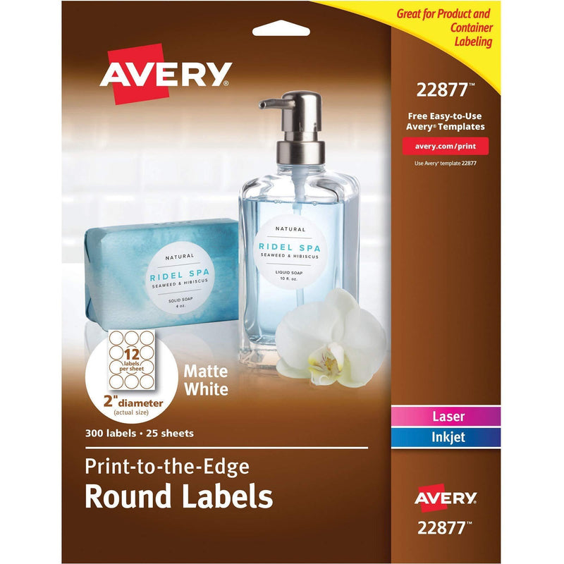 Avery 22877 Print-to-The-Edge Easy Peel Round Labels, 2-Inch Dia, White, 12/Sheet, 25 Sheets/PK