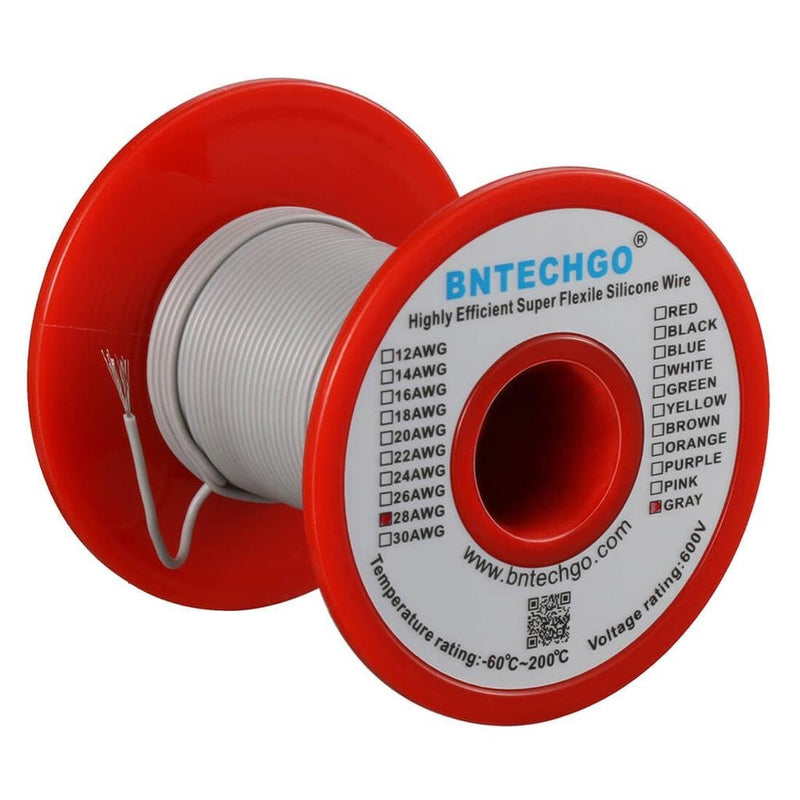 BNTECHGO 28 Gauge Silicone wire spool 250 ft Gray Flexible 28 AWG Stranded Tinned Copper Wire silicone wire 250ft silicone wire gray