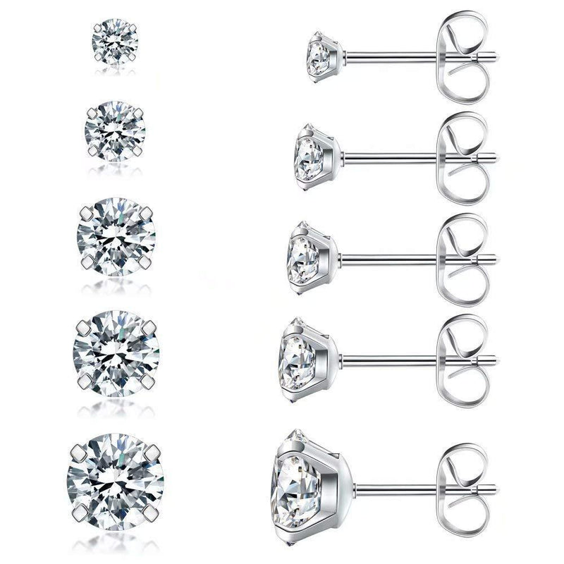 5 Pairs Stud Earrings Set, Hypoallergenic Cubic Zirconia 316L Earrings Stainless Steel CZ Earrings 3-8mm, Rose Gold â€¦ A(Steel color)