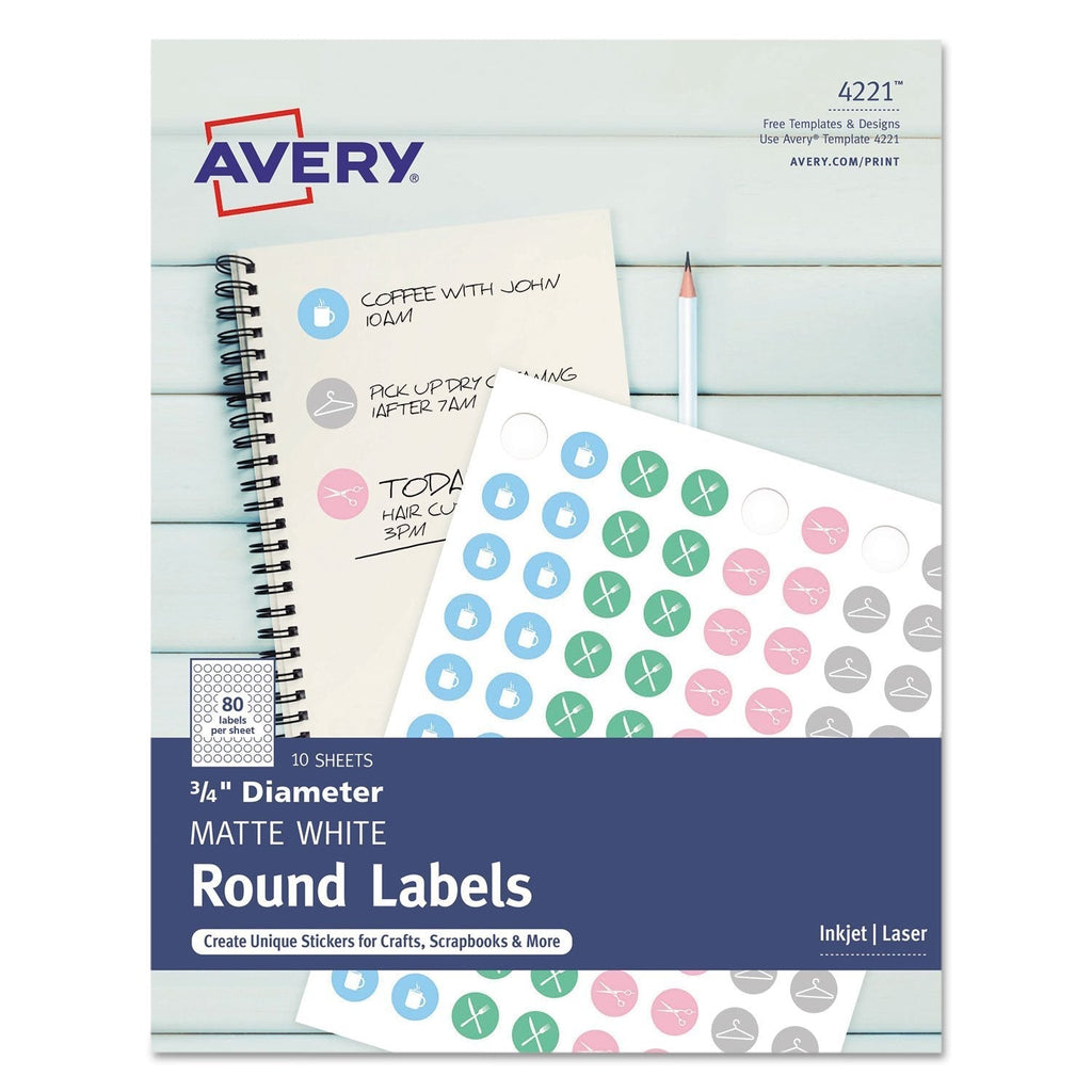 Avery 4221 Printable Self-Adhesive Permanent 3/4-Inch Round ID Labels, 3/4-Inch Dia, White 800/Pk