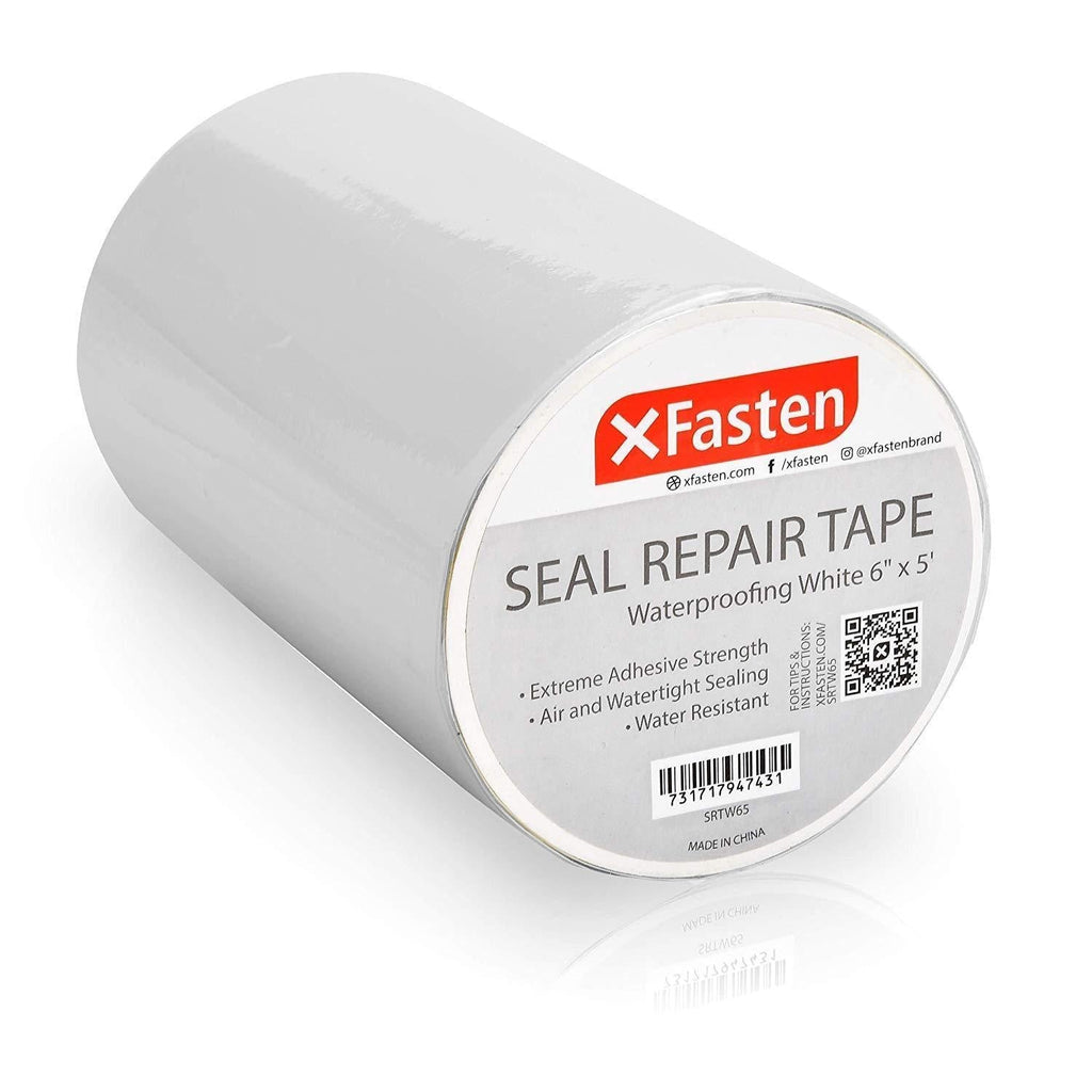 XFasten Waterproof Patch Seal Repair and Leak Shield Tape, White, 6-Inch x 5-Foot, Weatherproof Water Barrier Tape for Chimney, Roof, Boat, and HVAC Hose Repair