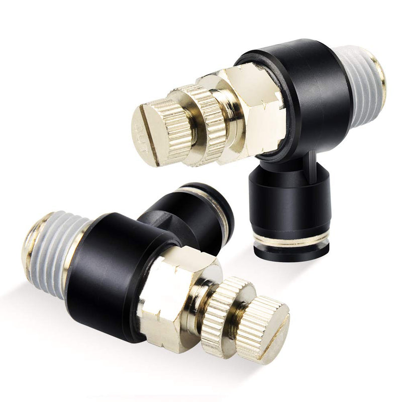 TAILONZ PNEUMATIC 3 Pack SL-1/4-N2 Push to Connect Air Line Fitting Air Flow Control Valve 1/4 Inch od 1/4 Inch Npt Elbow 90 Degree Air Speed Control Valve Fitting Push Lock 1/4"OD1/4"NPT