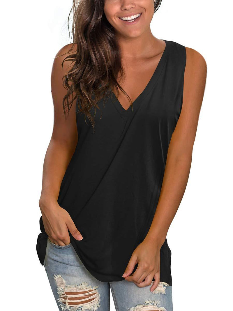 SAMPEEL Women's Basic V Neck T Shirts Side Split Tunic Tank Tops 101-tank Black Small