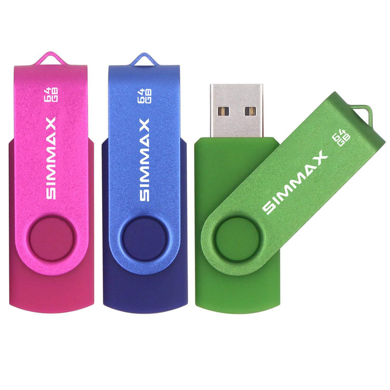 SIMMAX 3 Pack 64GB Memory Stick USB 2.0 Flash Drives Swivel Thumb Drive Pen Drive (64GB Pink Blue Green) 3Pack 64GB Swivel-Pink Blue Green