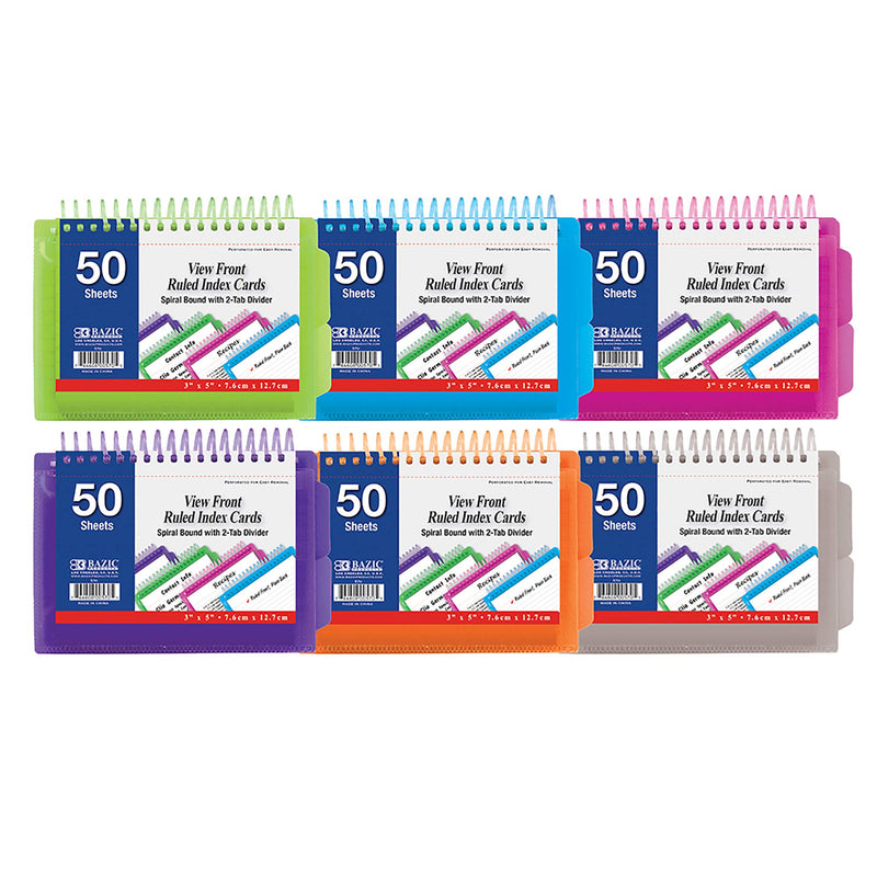 BAZIC Ruled Index Cards Book 3" X 5", View Poly Cover Spiral Bound Memo w/ 2 Tab Divider, White Flashcards, Lined Card for Memory (50/Pack), 6-Packs 50 Sheets 6-Pack