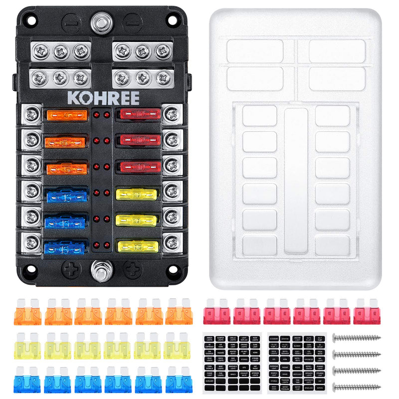 Kohree 12-Way 12V Blade Fuse Block, 12 Volt Automotive Fuse Box Holder Waterproof with Negative Bus 5A 10A 15A 20A Fuse Panel LED Indicator for Auto, RV, Car, Boat, Marine, Truck