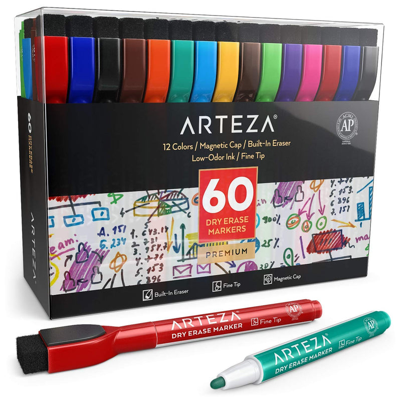 Arteza Magnetic Dry Erase Markers with Eraser, Pack of 60 (with Fine Tip), 12 Assorted Colors with Low-Odor Ink, Whiteboard Pens, Office Supplies for School, Office, or Home Set of 60