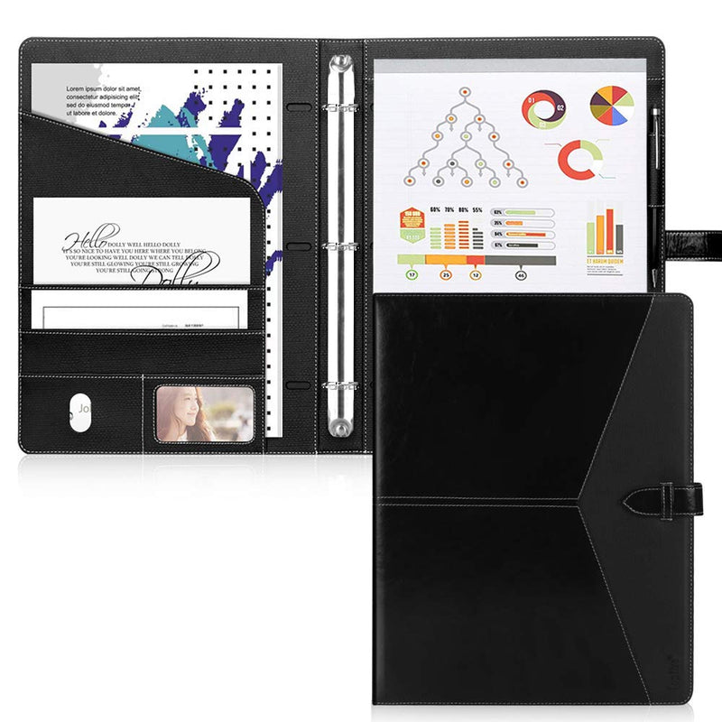 Toplive Padfolio 3 Ring Binder (1'' Round Ring) Business Portfolio Folder for Interview, Conference and Presentation, Black 3 Ring Letter Size Binder