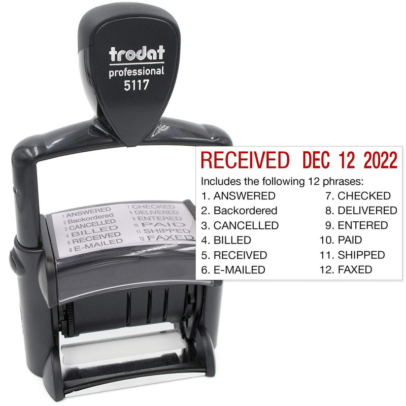 Trodat 5117 Professional 12-Message Stamp w/ Dater, Self-Inking, Red Ink Color