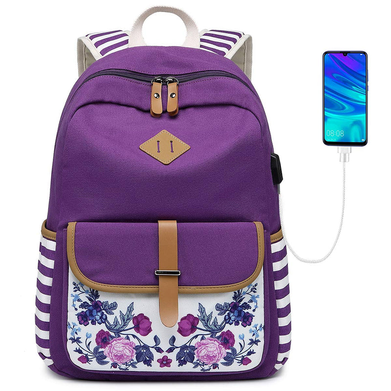 Goldwheat Girls Backpack Canvas Schoolbag Bookbag Laptop Bag Rucksack with USB Charging Port Purple