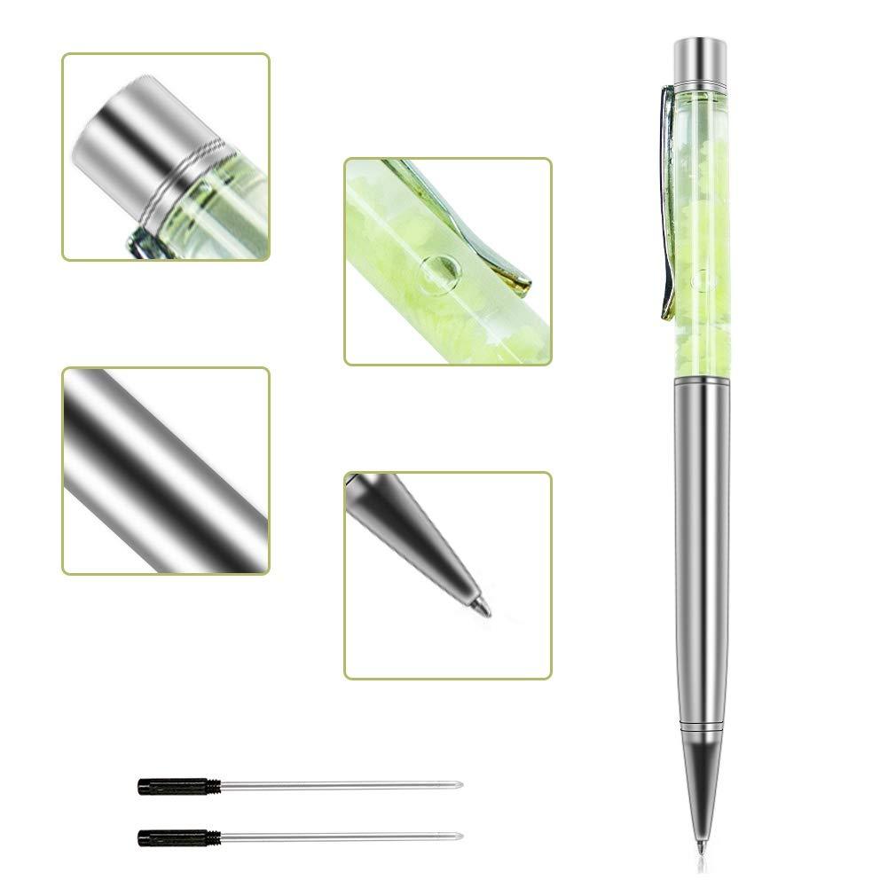 Ballpoint Pens, Jiulyning Silver Metal Pen Refills with Green Crescent, Bling Dynamic Liquid Pen Black Ink for Office Supplies Gift Pens Wedding Decor Black Ink with 2 Replacement Refills Crescent pen-Green