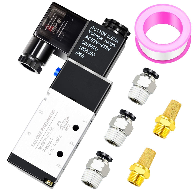 TAILONZ PNEUMATIC 1/4"NPT Solenoid Valve 4V210-08 12V/24V/110V/220V Single Coil Pilot-Operated Electric 2 Position 5 Way Connection Type AC110V