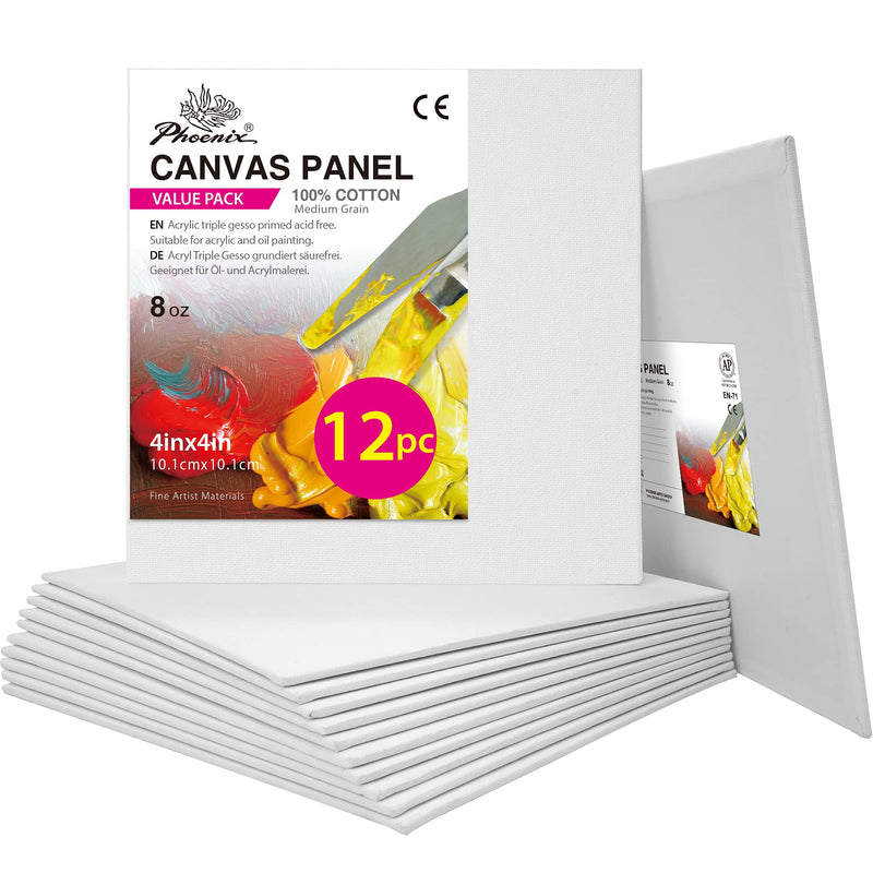 PHOENIX Artist Painting Canvas Panels - 4x4 Inch / 12 Pack - Triple Primed Cotton Canvas Boards for Oil & Acrylic Painting 4"x 4"