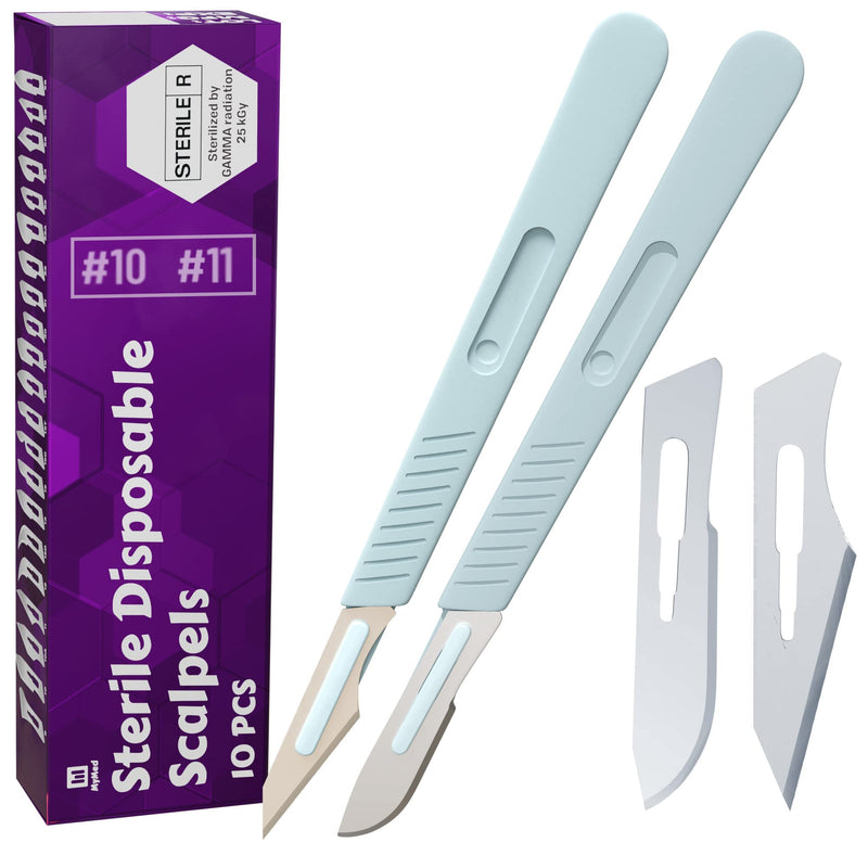 Disposable Scalpel 10 and 11, Pack of 10 Dermaplaning Blades w. Plastic Handle, Carbon Steel Dermablade Blades Individually Wrapped 5x10 Blade and 5x11 Blade, Sterile