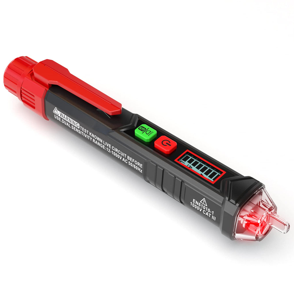 KAIWEETS Voltage Tester/Non-Contact Voltage Tester with Dual Range AC 12V-1000V/48V-1000V, Live/Null Wire Tester, Electrical Tester with LCD Display, Buzzer Alarm, Wire Breakpoint Finder-HT100 (Red) Red