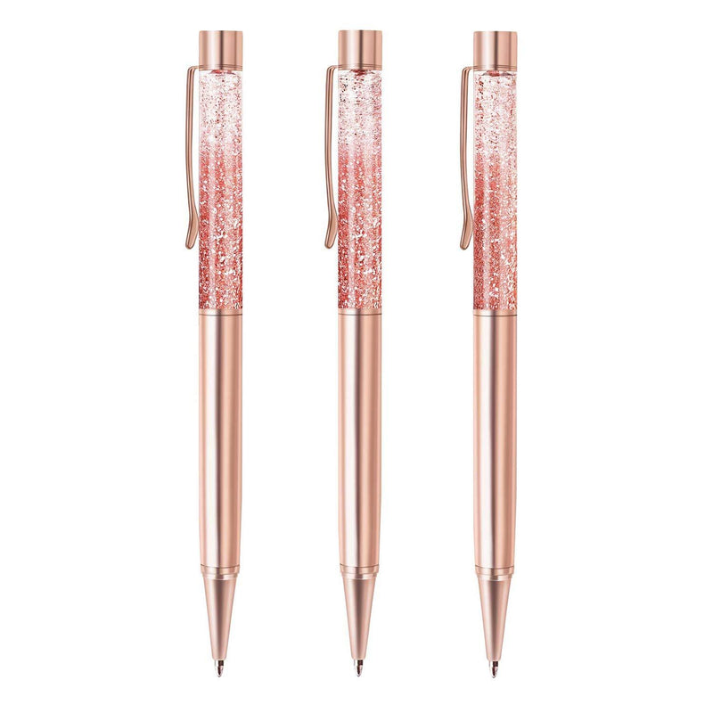 ZZTX 3 Pcs Rose Gold Ballpoint Pens Metal Pen Bling Dynamic Liquid Sand Pen With Refills Black Ink Office Supplies Gift Pens For Christmas Wedding Birthday