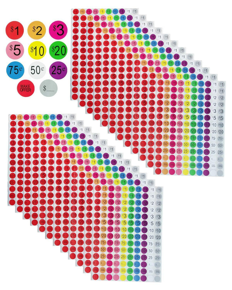 Preprinted Pricing Labels, Removable Neon Color Coding Garage Sale Stickers, 3/4 Inch Diameter, 10 Colors, 24 Sheets, Total 3360 Dots