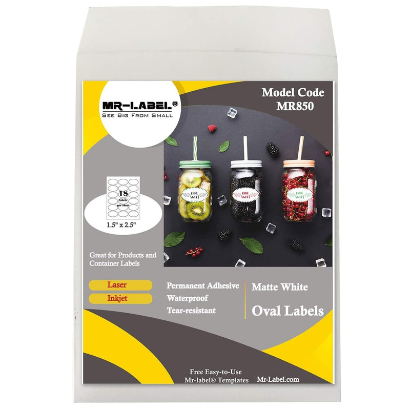 Mr-Label 1.5" x 2.5" Oval White Sticker Label - Waterproof and Tear-Resistant - for Inkjet & Laser Printer - for Gift Decoration|Hand Craft (10 Sheets Total 180 Labels) 10 sheets total 180 labels