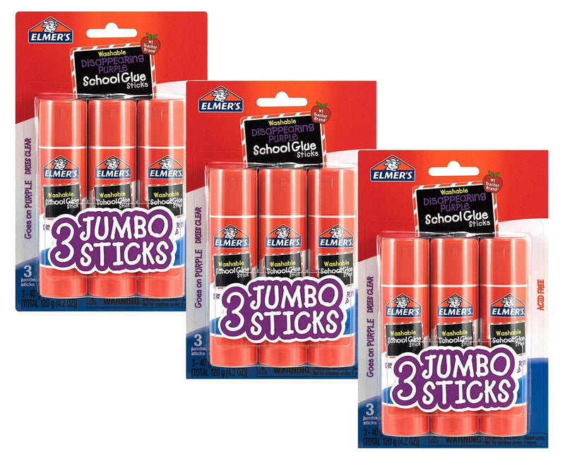 Elmers E579 Jumbo Disappearing Purple School Glue Stick, 1.4 Ounce, 3 Packs of 3 Sticks, 9 Sticks Total