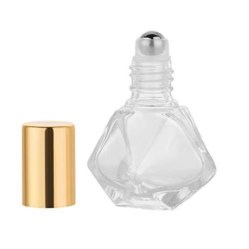 6Pcs 5ml (1/6 oz) DIY Travel Essential Oil Roller Bottle Polygonal Clear Glass Cosmetic Contaners Vials for Essential Oils Perfumes Aromatherapy, 1pc Funnel and Dropper, Roll on Bottles with Gold Cap