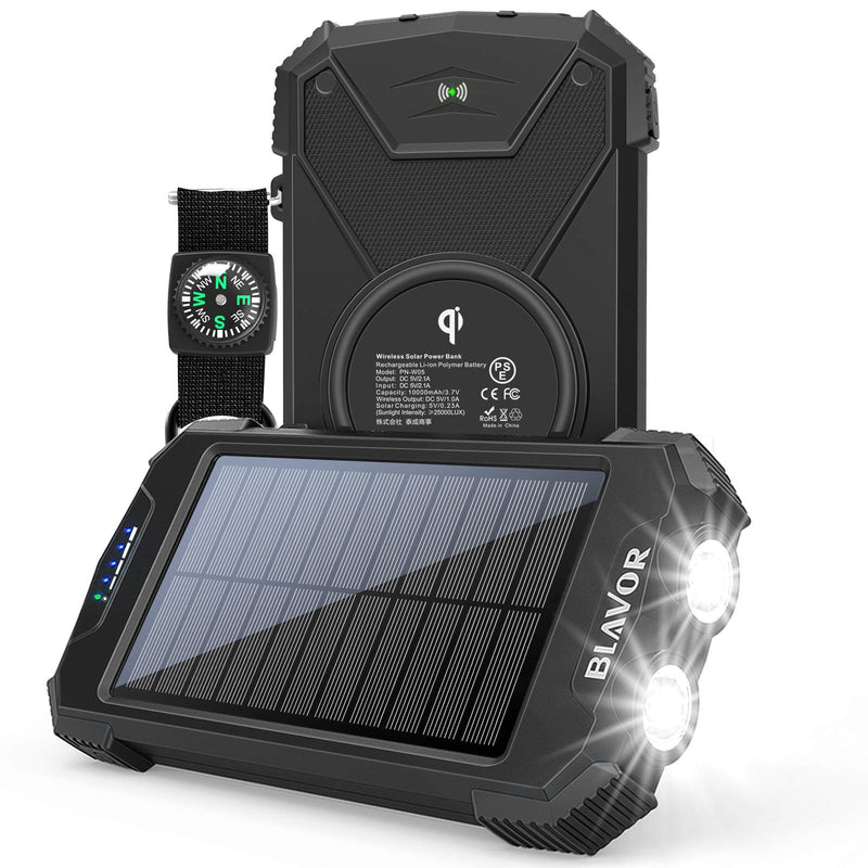 Solar Charger Power Bank, Qi Wireless Charger 10,000mAh External Battery Pack Type C Input Port Dual Flashlight, Compass, Solar Panel Charging (Black) Black