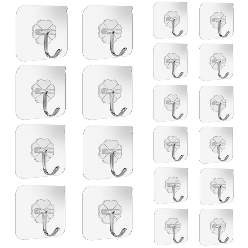 Adhesive Wall Hooks 15lb(Max) Transparent Reusable Traceless Hooks,Waterproof and Oilproof,Bathroom Kitchen Heavy Duty Self Adhesive Hooks,20 Packs