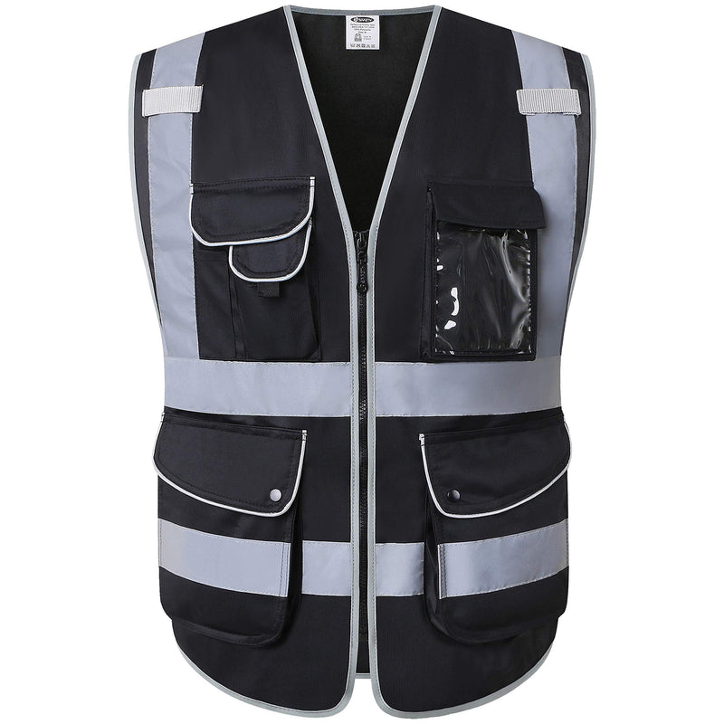 JKSafety 9 Multi-Functional Pockets Zipper Front Safety Vest With Reflective Strips Meet ANSI/ISEA Standards (150-Black, Medium) Black