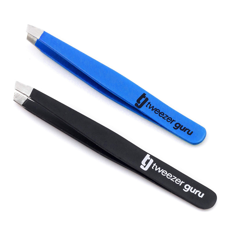 Tweezer Guru Slant Eyebrow Tweezers for Women & Men - Precision Tweezers for Eyebrows, Facial Hair & Ingrown Hair Removal - Professional Stainless Steel (Bold Blue & Black) Pack of 2 Bold Blue & Black