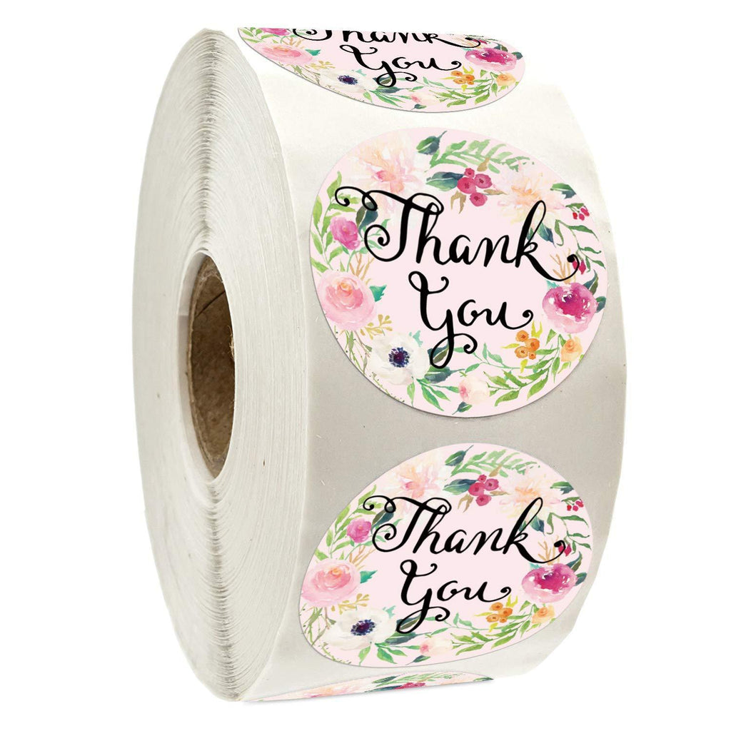 Floral Thank You Stickers-1.4 inch, 500 Pack of Round Adhesive Labels for Baby Shower, Wedding, Graduation, Birthdays, Business.