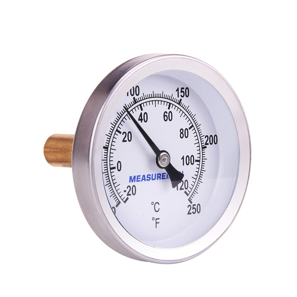 MEASUREMAN Hot Water Bi-Metal Thermometer, 2-1/2" Dial, 1-3/4" Lead-Free Brass Stem, Range 0-250 deg F/-20-120 deg C, 2% Accuracy, Adjustable, 1/2" NPT Back Mount